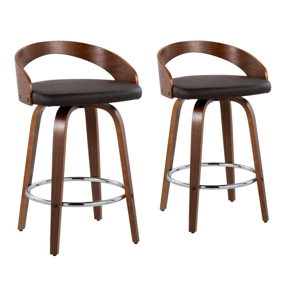 Set of 2 Grotto Upholstered Counter Height Barstools Brown/Walnut - Lumisource: Chrome Footrest, Wood Legs, Swivel Seat