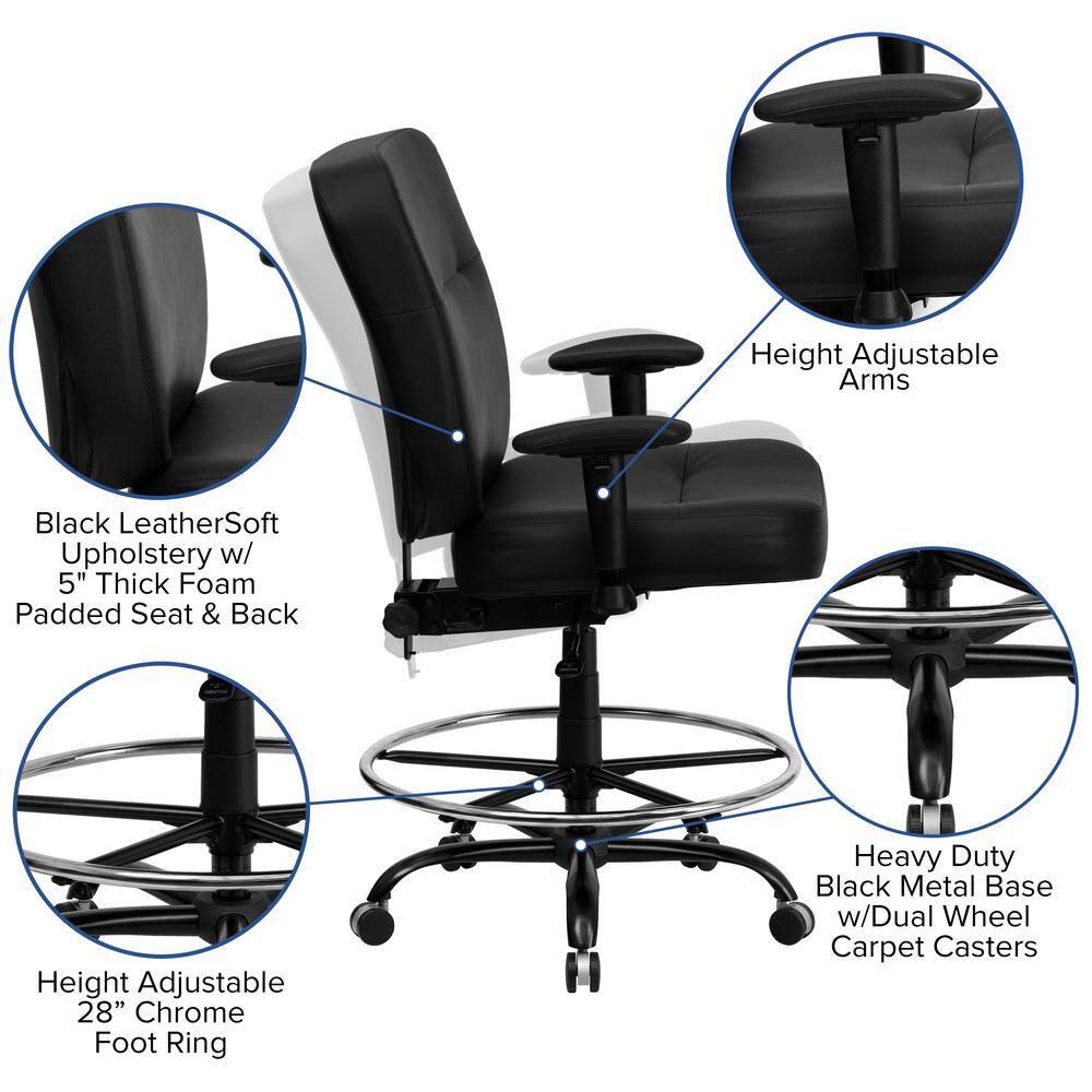 BizChair Big & Tall 400 lb. Rated Black LeatherSoft Ergonomic Drafting Chair with Adjustable Arms