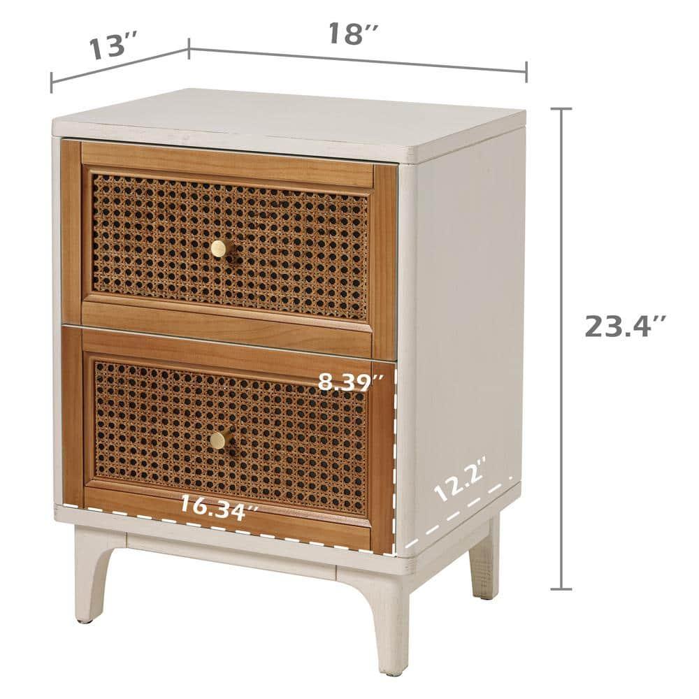 COZAYH 2-Drawer Woven Cane Front Accent Nightstand with Brass Knobs for Living Room, Hand-Scratched Aging Finish, Bedroom, White