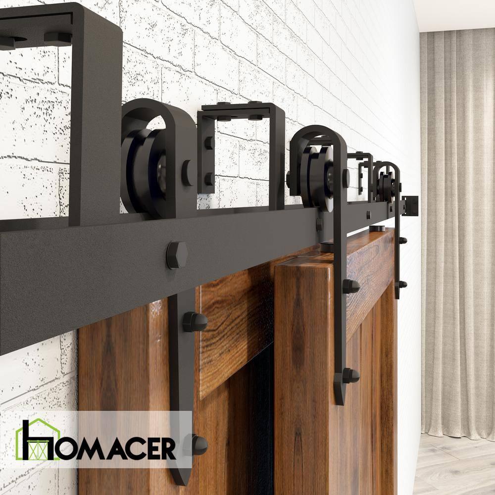 Homacer Black Rustic Double Track U-Shape Bypass Sliding Barn Door Hardware Kit, for Two/Double Doors, 7ft Long Flat Track, Arrow Design Roller, Heavy Duty, for Interior & Exterior Use
