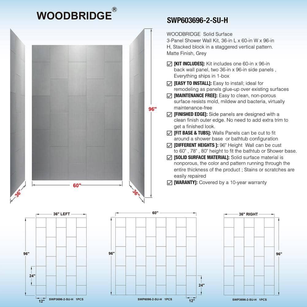 WoodBridge 75/96" H Solid Surface Shower & Tub Wall Panel, Surround, Quick Install, Cuttable, 0.138" thick