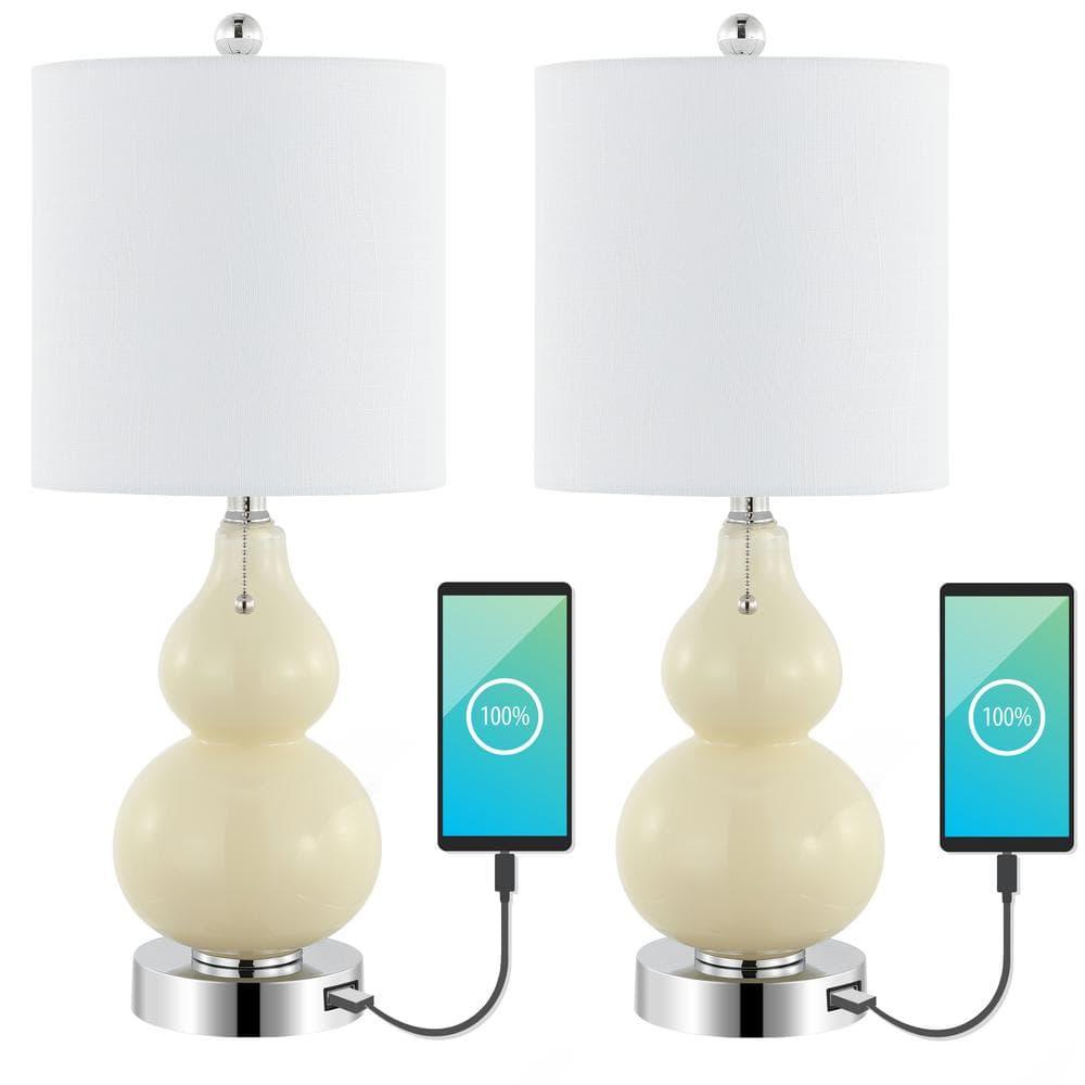 JONATHAN Y JYL1125A-SET2 Cora 22" Classic Vintage Glass LED Table Lamp with USB Charging Port, Coastal, Contemporary, Traditional for living room, bedroom Bulb Included, Cream (Set of 2)