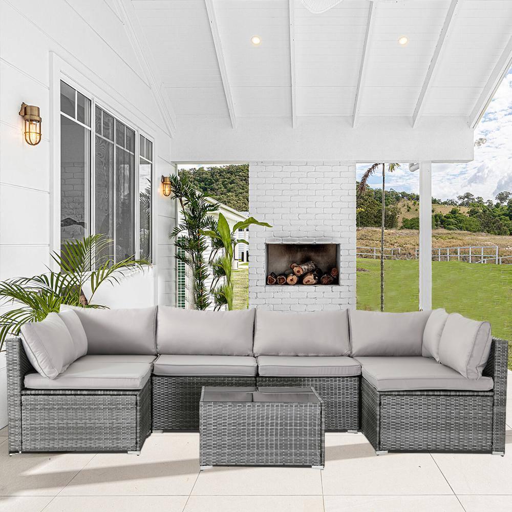 Valita 7 Piece Outdoor PE Wicker Furniture Set, Patio Gray Rattan Sectional Sofa Couch with Washable Grey Cushions