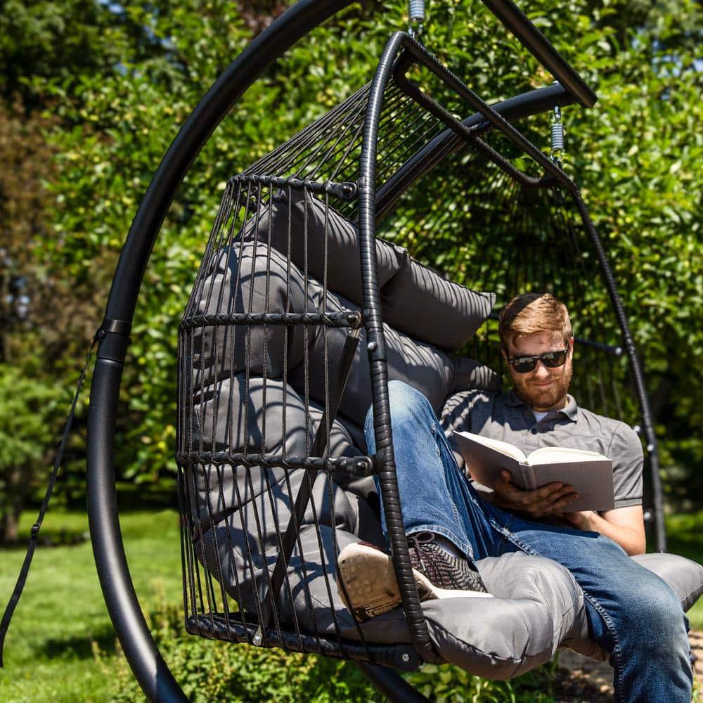 Sunnydaze Outdoor Andrei Hanging Double Egg Chair with Cushion and Headrests - Dark Gray
