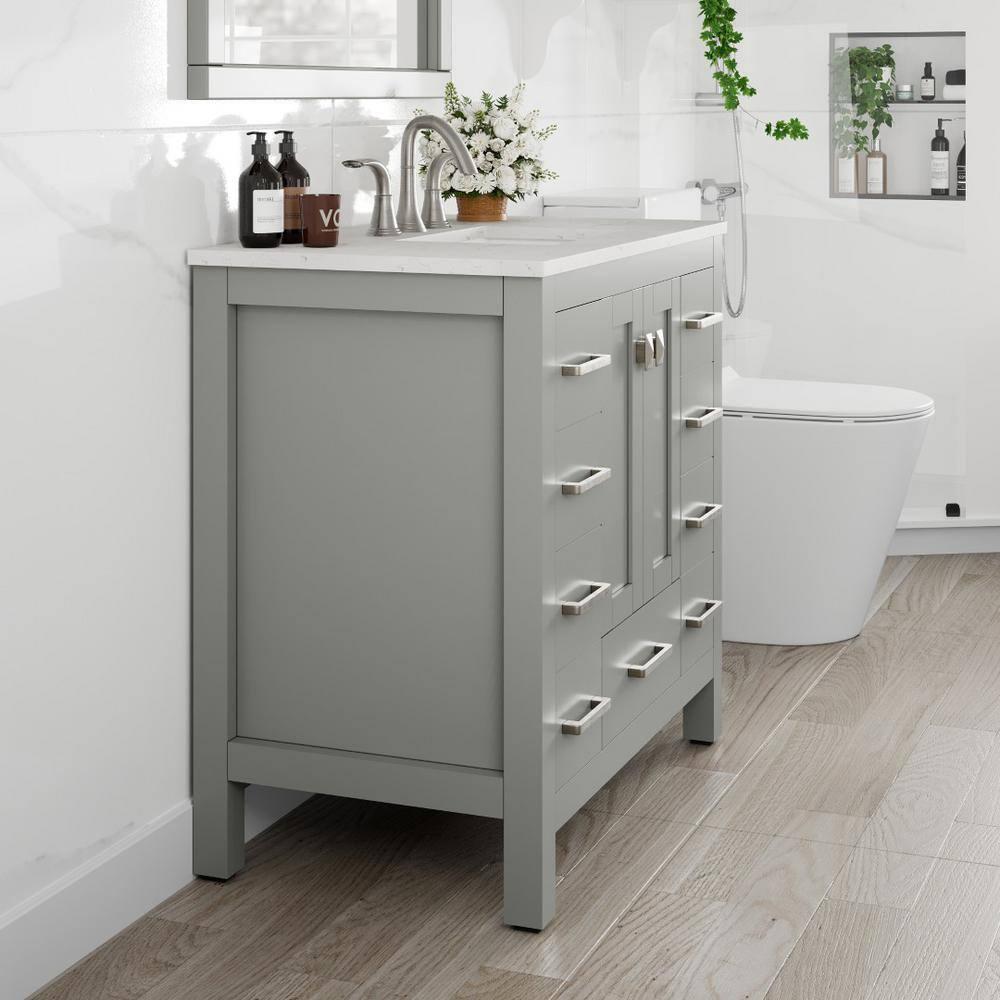 Eviva Hampton 36" Gray Transitional Bathroom Vanity w/ White Carrara Top