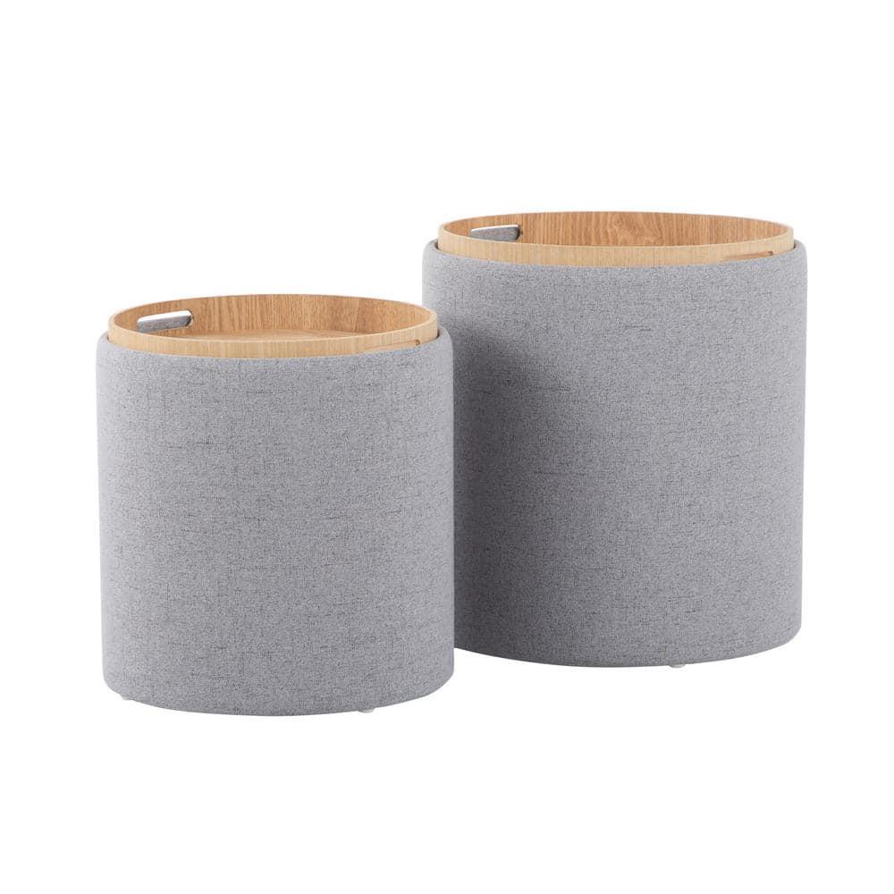 Set of 2 Tray Nesting Ottomans Polyester/Wood Gray/Natural - LumiSource: Space-Saving, No Assembly Required