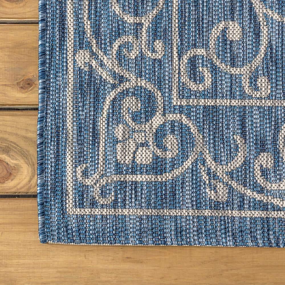 9' X 12' Charleston Vintage Filigree Textured Weave Indoor/Outdoor Area Rug, Navy/Gray - JONATHAN Y