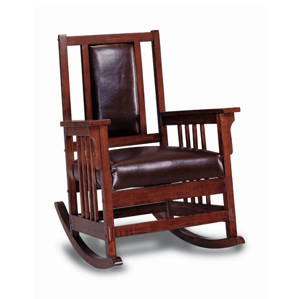 Benjara Mission Style Rocking Chair, Leather Upholstered Seat & Back, Tobacco and Dark Brown