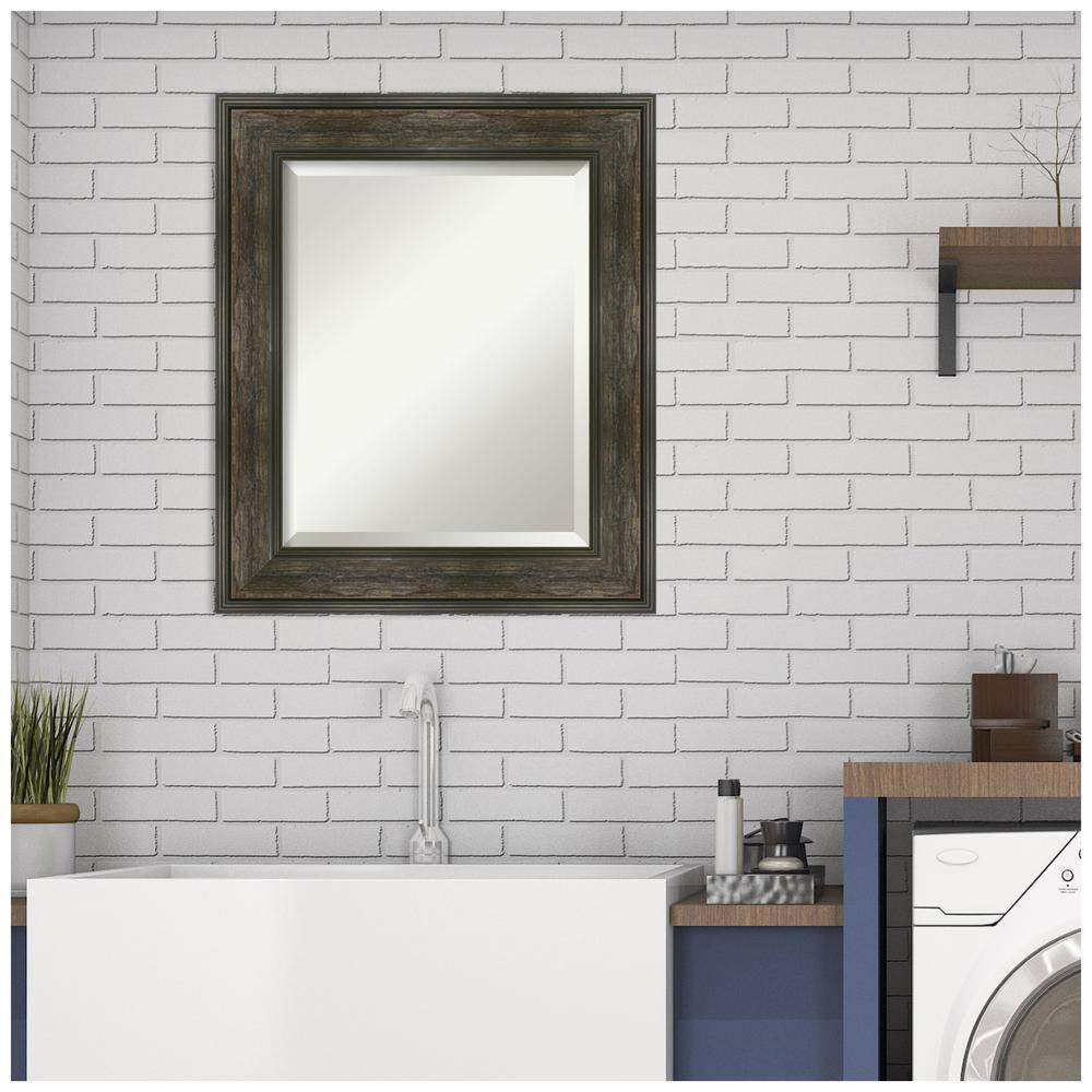 Amanti Art Beveled Bathroom Wall Mirror - Rail Rustic Char Frame - Rail Rustic Char Outer Size: 22 x 26 in