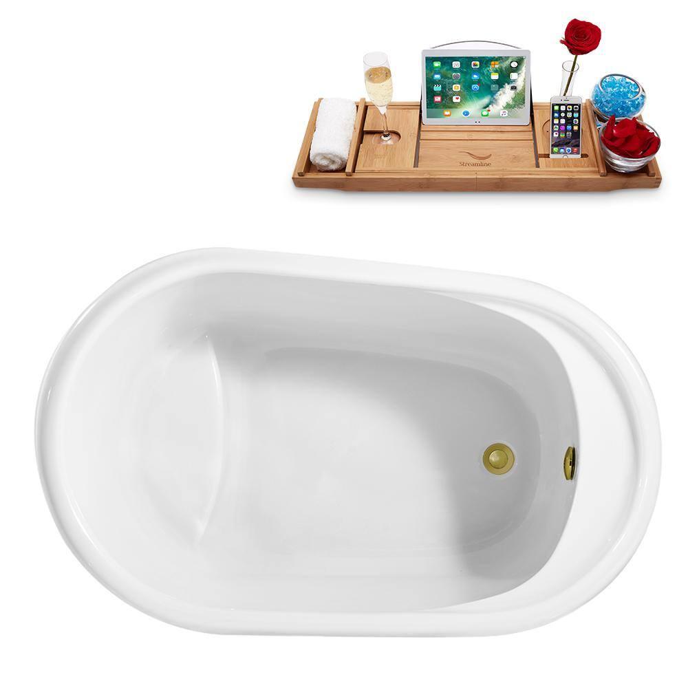 66" Streamline Freestanding Soaking Acrylic Bathtub With Drain and Bamboo Tray