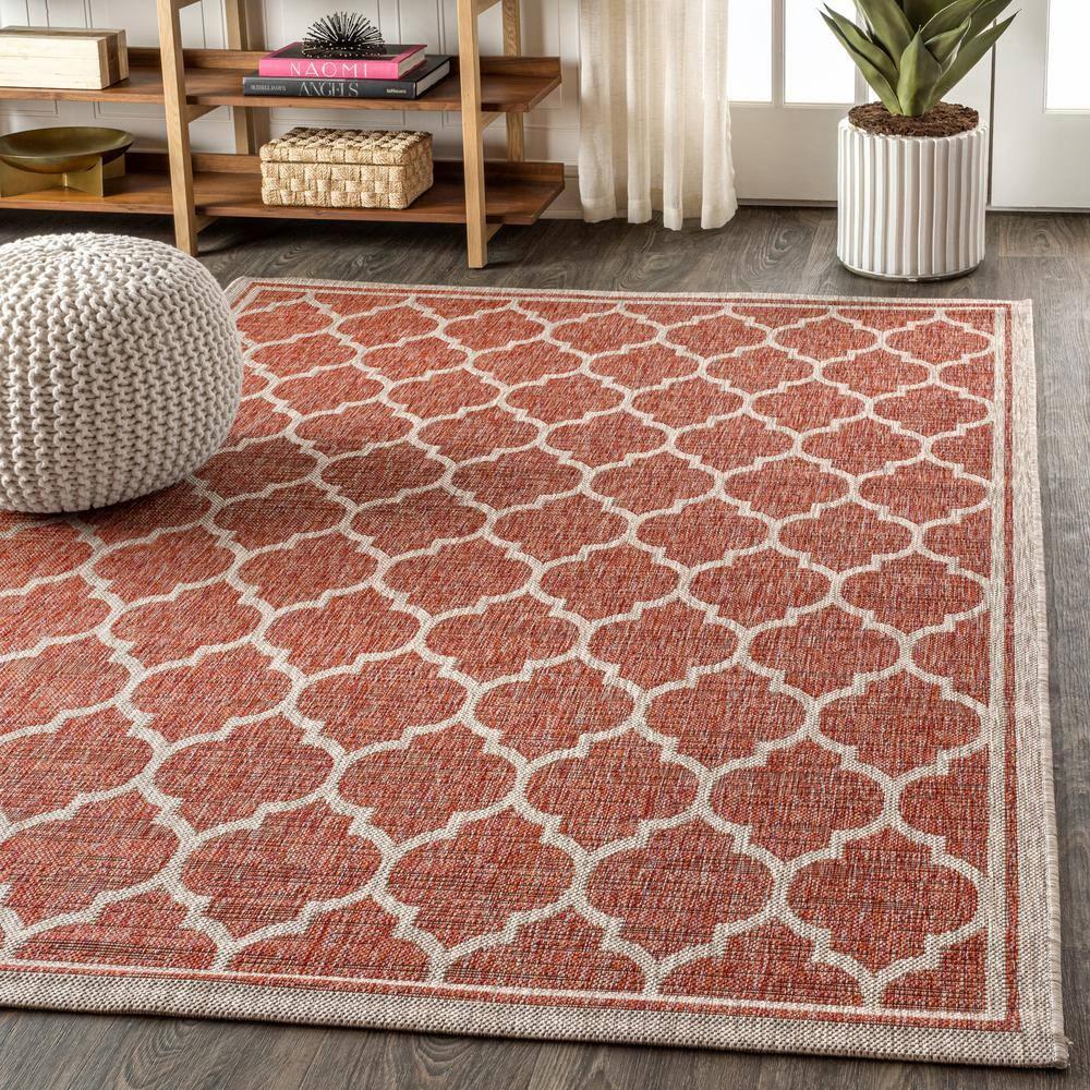 4'x6' Trebol Moroccan Trellis Textured Weave Indoor/Outdoor Area Rug, Red/Beige - JONATHAN Y