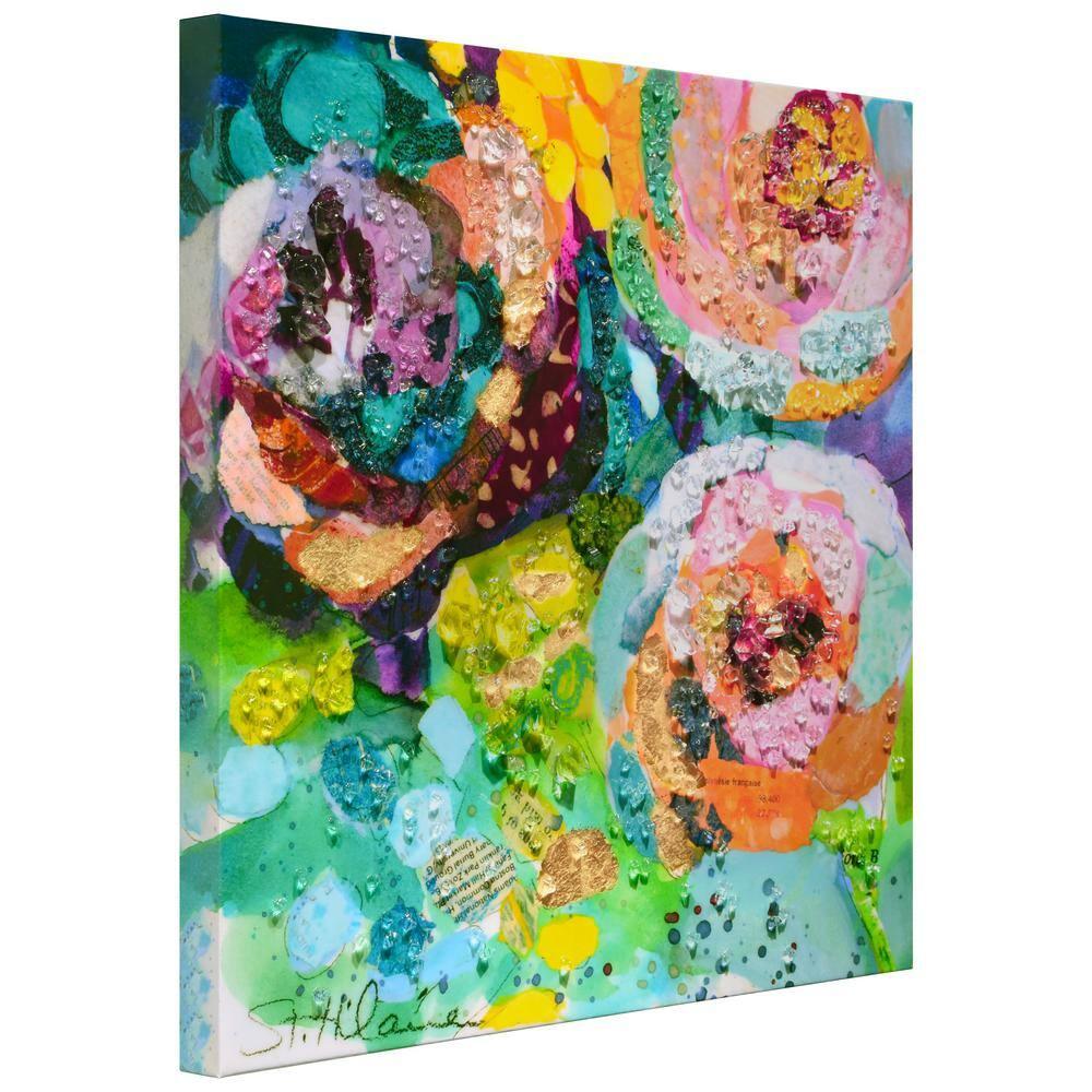 "Floral Radiance I" Crystallus Epoxy Coated Wrapped Glossy Canvas Wall Art with Heavy Acrylic Crystal Shards Embellishments,