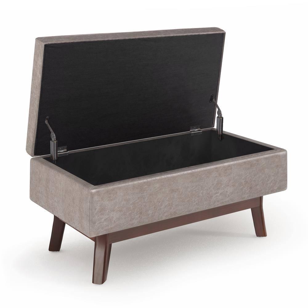 Simpli Home Owen 36 inch Wide Mid Century Modern Rectangle Small Rectangular Storage Ottoman in Distressed Grey Taupe Faux Air Leather