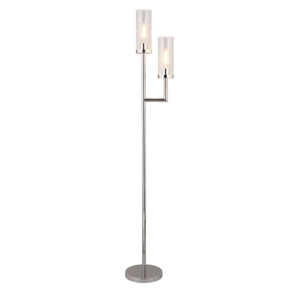 Evelyn&Zoe Basso 2-Light Torchiere Floor Lamp with Glass Shade in Polished Nickel/Clear