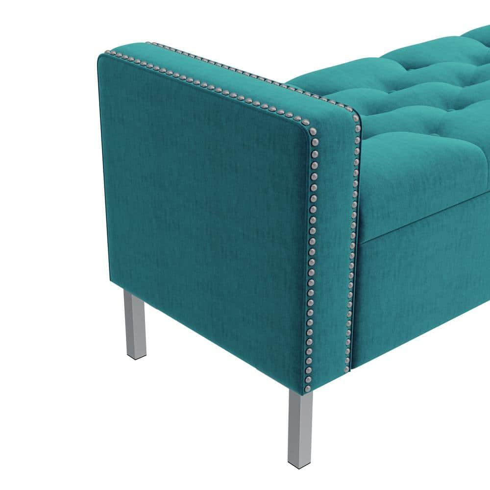 Homesvale Cashman 52"W x 22.5" H Storage Bench Ottoman with Square Arms for Living Room, Bedroom, Entryway, Turquoise Blue Velvet