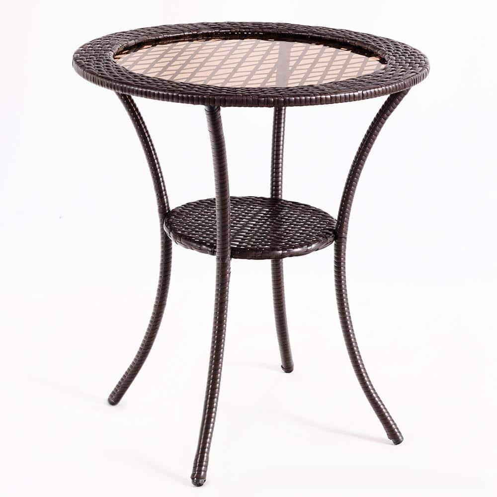 Tangkula Outdoor Side Table with Storage PE Wicker Patio Bistro Table with Tempered Glass Tabletop