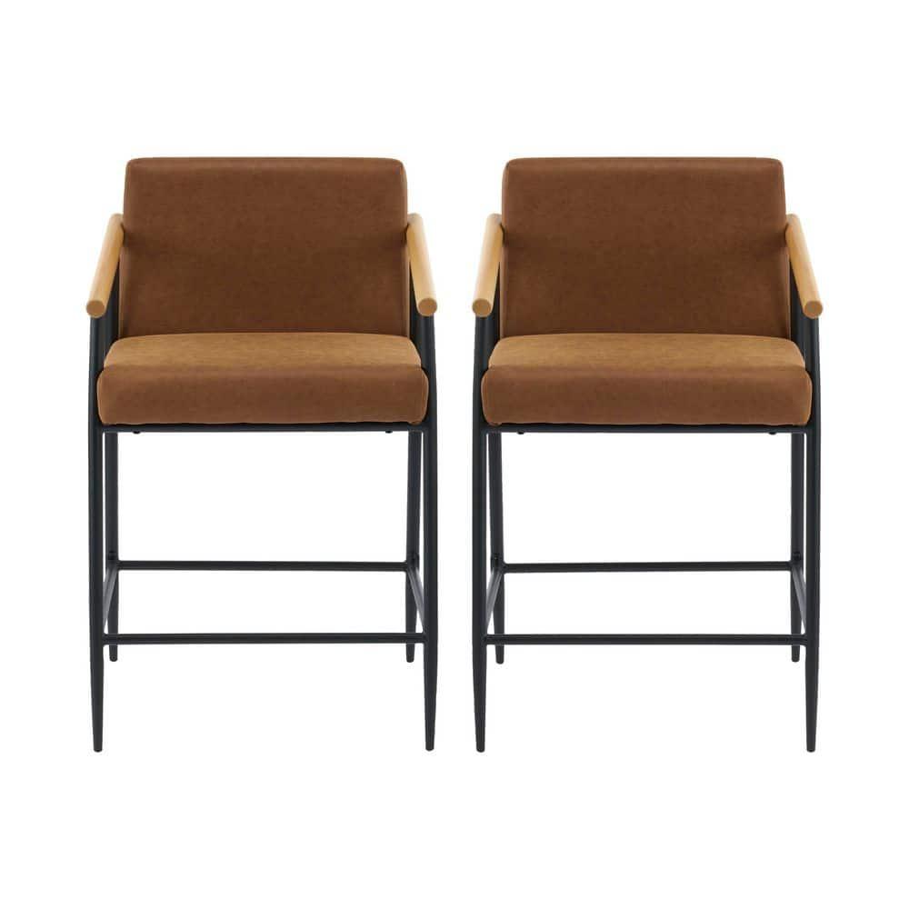 Christopher Knight Home Emil Mid Century Modern Upholstered Counter Stool with Iron Frame (Set of 2), Brown