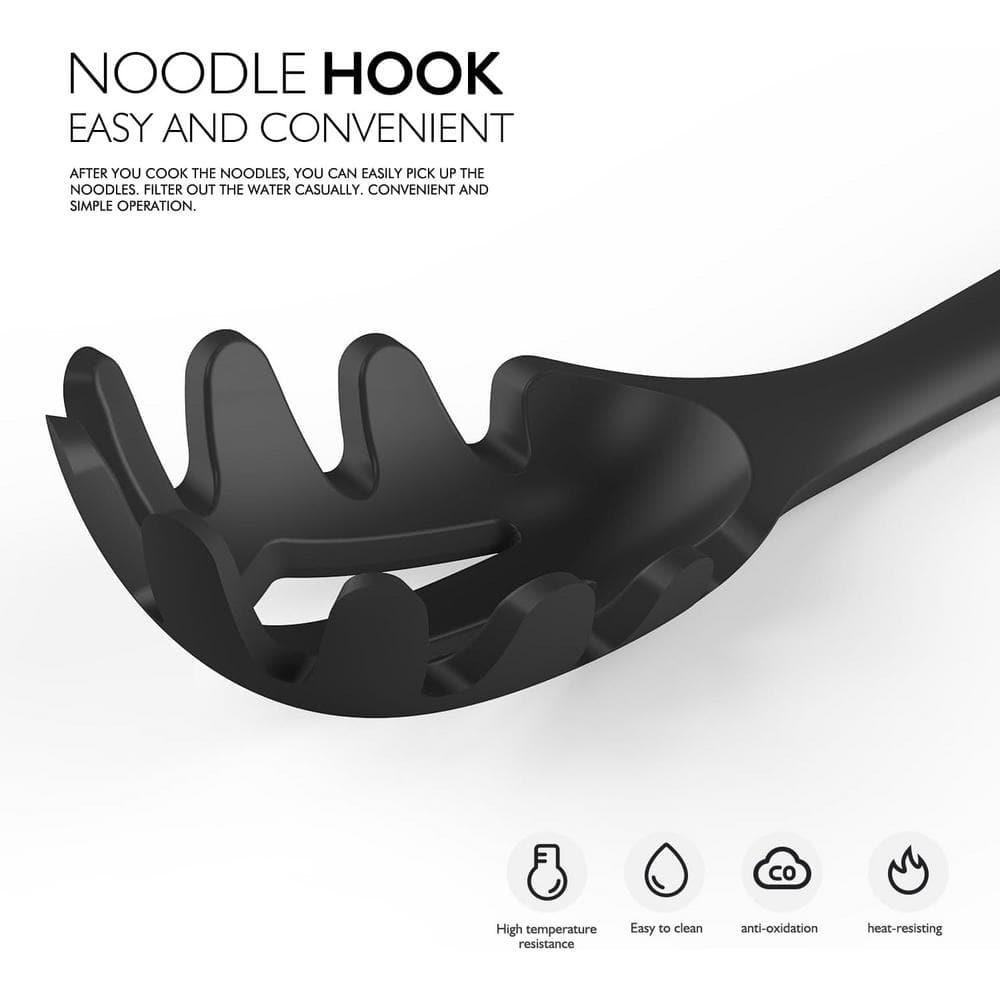 Large Silicone Cooking Utensils - Heat Resistant Kitchen Utensil Set with Wooden Handles, Spatula,Turner, Slotted Spoon, Pasta server, Kitchen Gadgets Tools Sets for Non-Stick Cookware (Black)