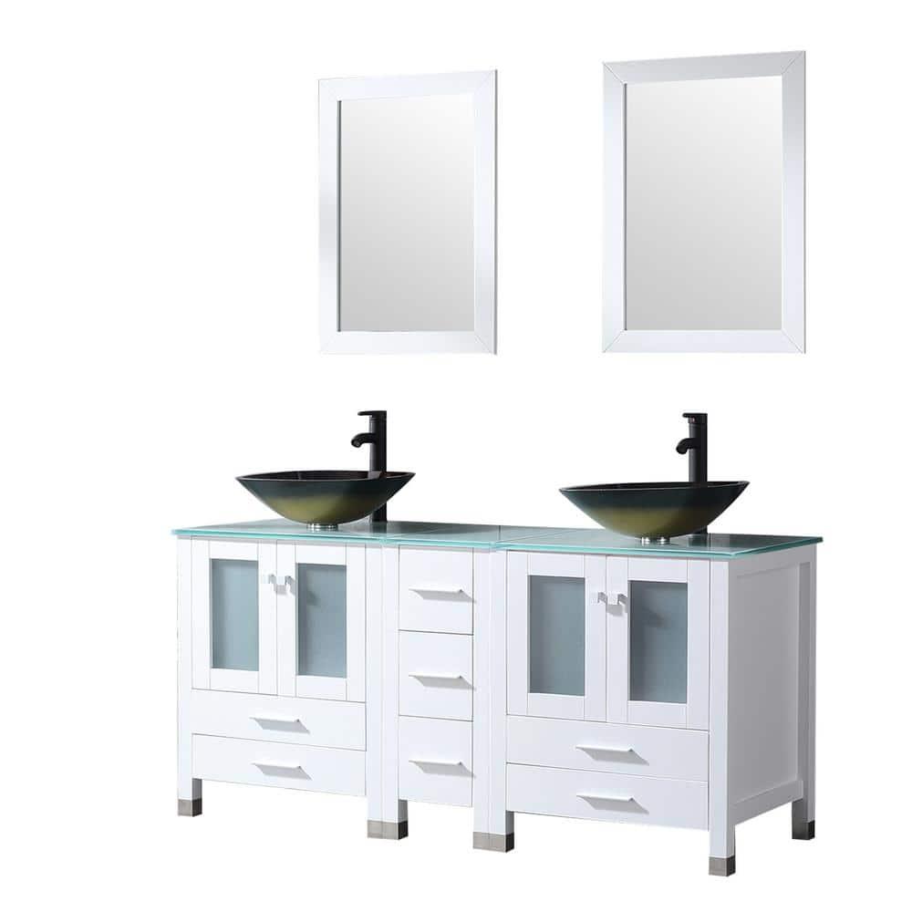60" White Bathroom Vanity Cabinet Optional Double Sink Tempered Glass Top Mirror