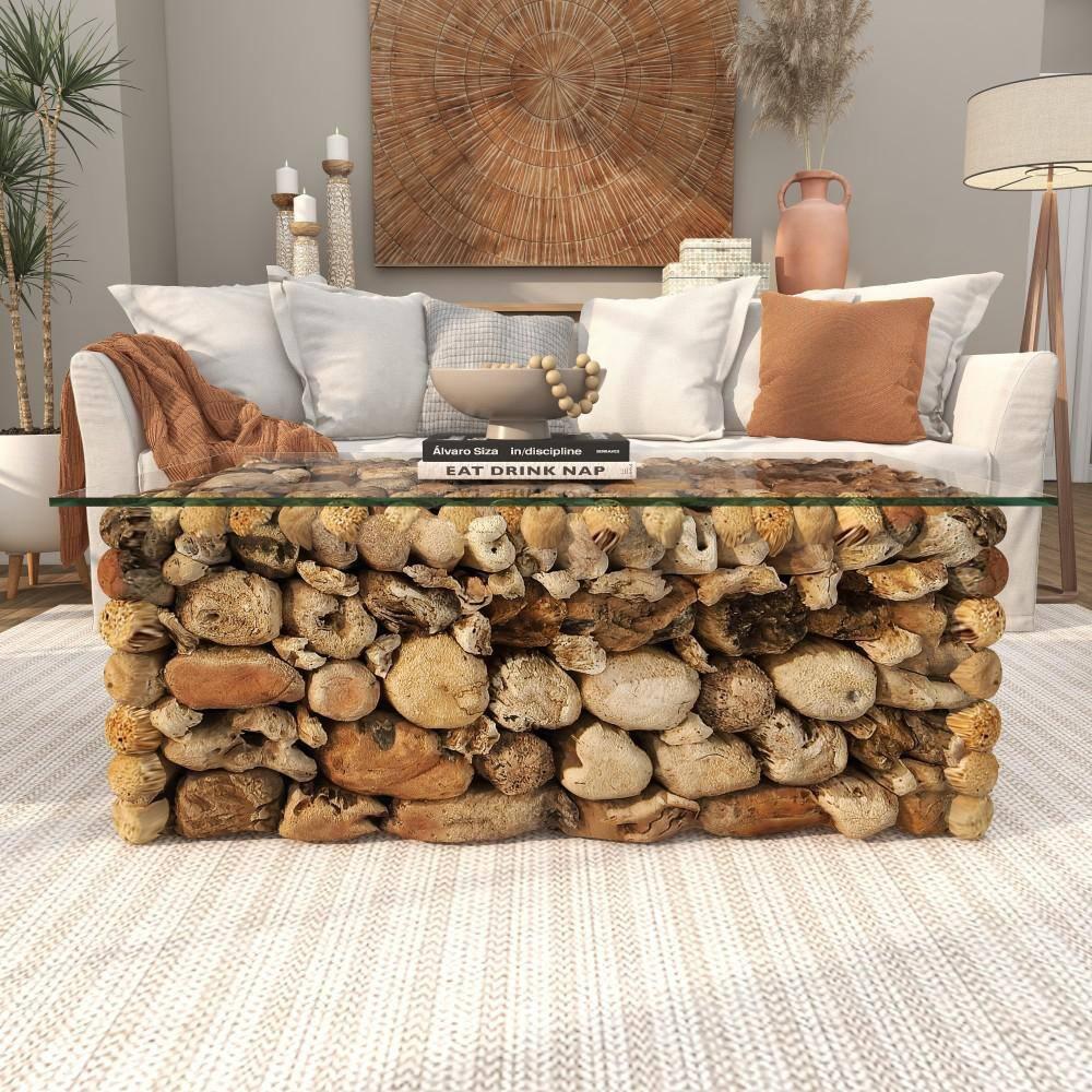 Millwood Pines Brown Wood Handmade Stacked Collage Coffee Table with Clear Glass Top