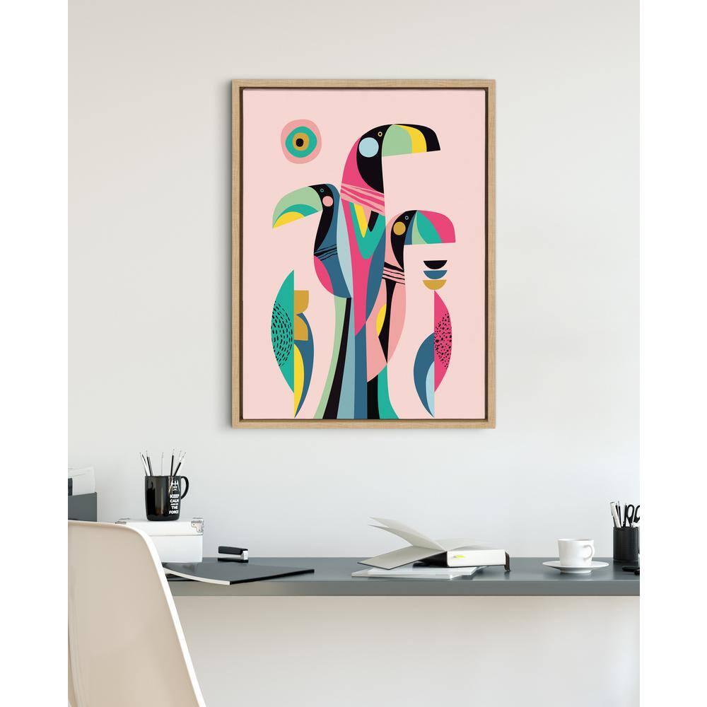 Mid Century Modern Tropical Toucan Canvas Wall Art in Natural Frame