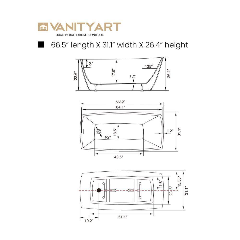 Vanity Art 67" X 31" Acrylic Freestanding Bathtub