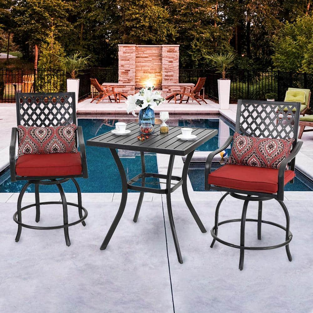 Sophia & William 3 Piece Outdoor Patio Swivel Bar Stools Set & Height Table Backyard Furniture Bistro Set, Red