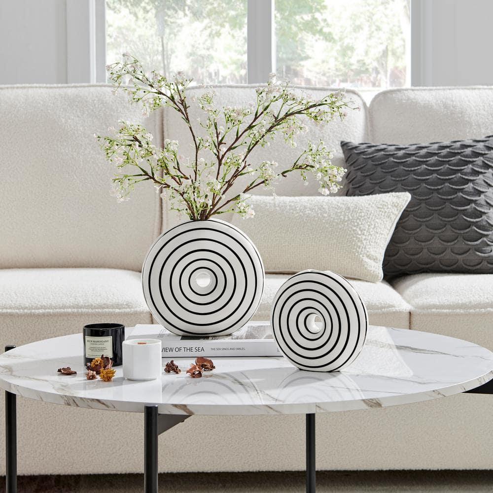 Danya B. Etta Two Piece Glossy Ceramic Black and White Striped Round Hollow Circle Donut Vase Set