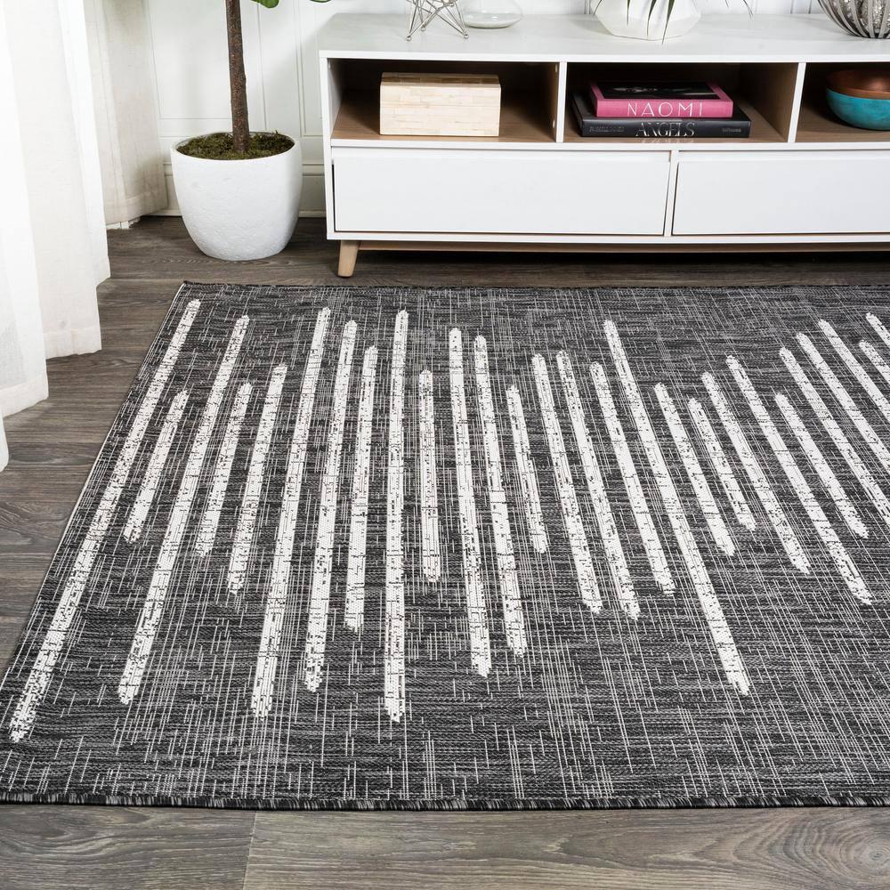 3'x5' Zolak Berber Stripe Geometric Indoor/Outdoor Area Rug, Black/Ivory - JONATHAN Y