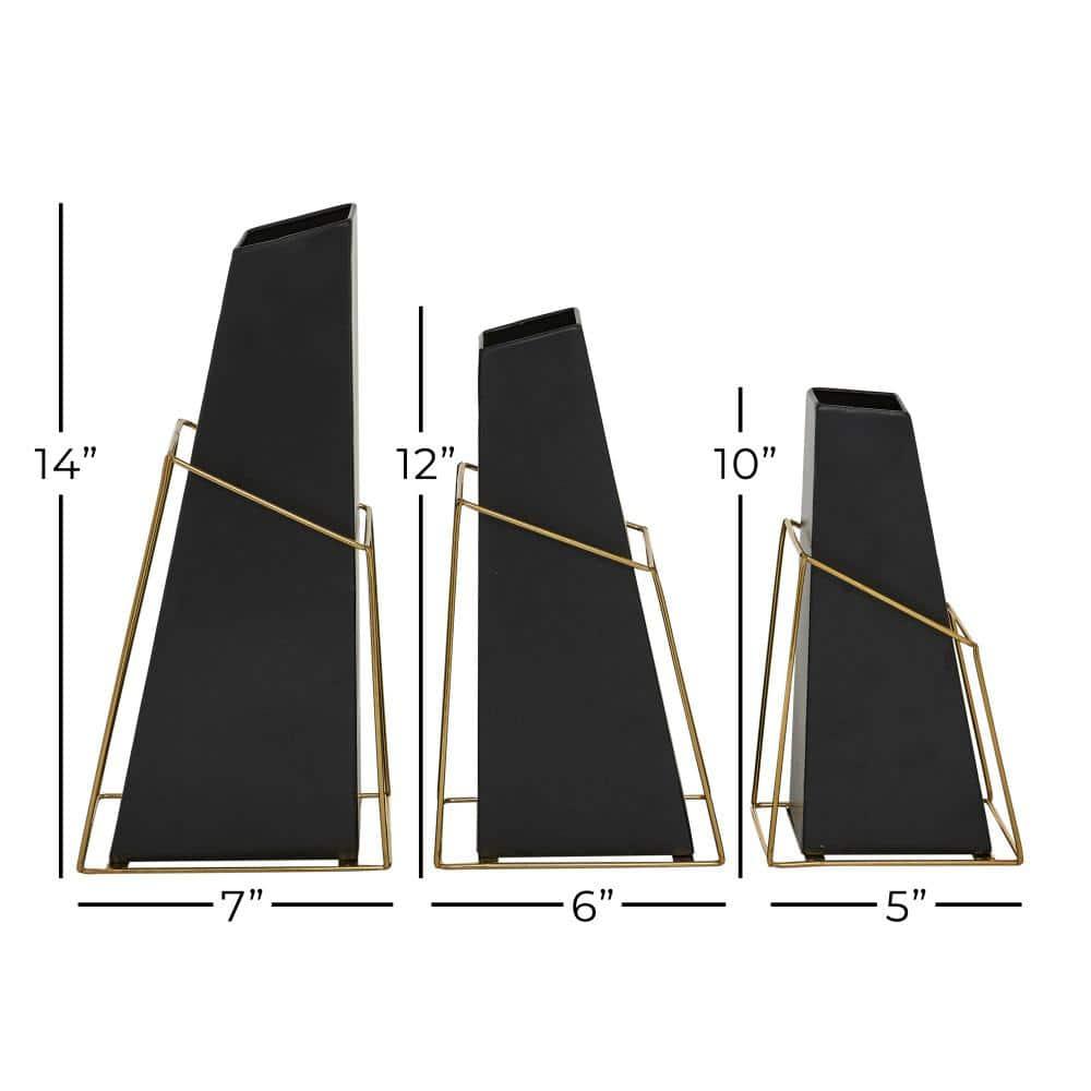 DecMode 10", 12", 14"H Black Metal Vase with Gold Wire Accents, Set of 3