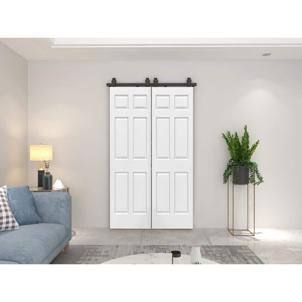 72 in. x 80 in. Hollow Core 6 Panel Primed MDF Composite Double Bi-Fold Barn Doors with Sliding Hardware Kit