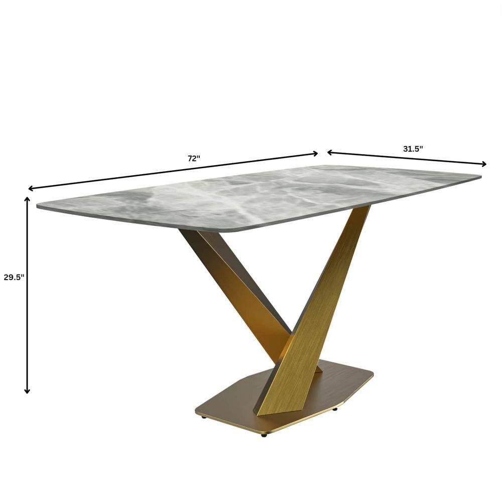 LeisureMod Voren Modern Dining Table with 71" Rectangular Sintered Stone or Glass Wide Tabletop and Steel Legs for Home, Kitchen, Dining or Conference Room in Light Grey