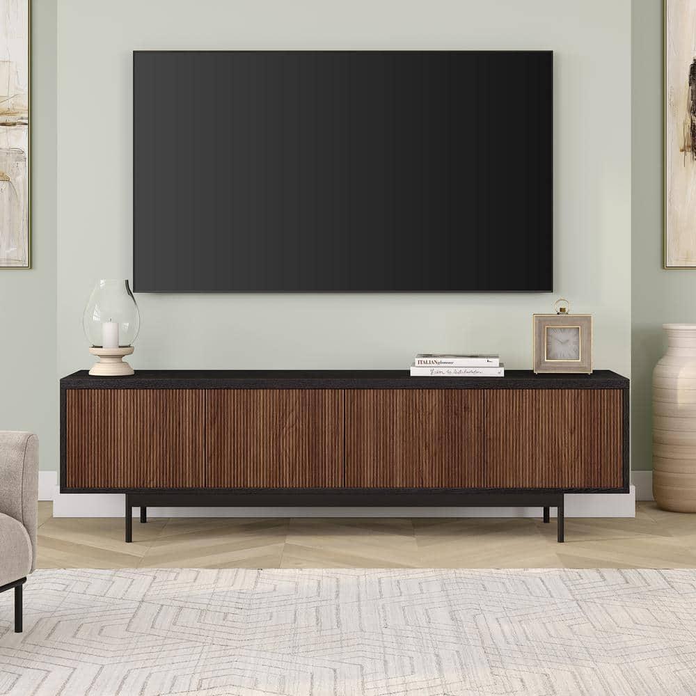 Evelyn&Zoe Whitman Transitional TV Stand For TVs up to 75", Black Grain with Satin Walnut