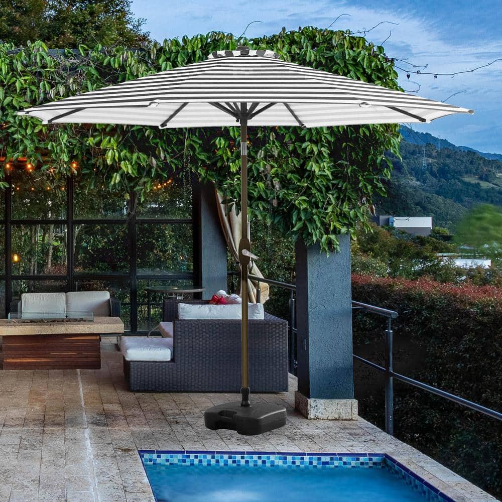 9 Ft Outdoor Patio Market Table Umbrella with Square Plastic Fillable Base INCLUDED, Gray /White Stripe