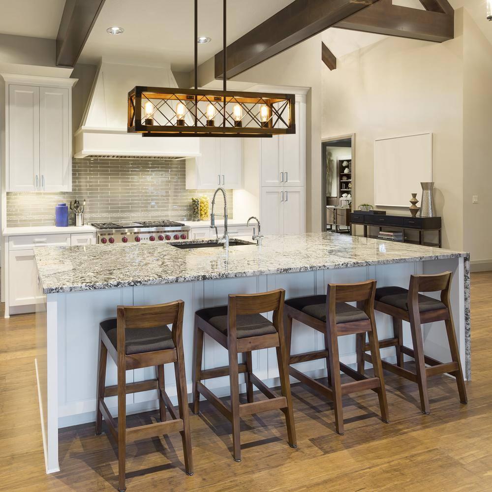 Farmhouse 5-Light Wood and Black Metal Chandelier, Rectangular Kitchen Island Light Fixture