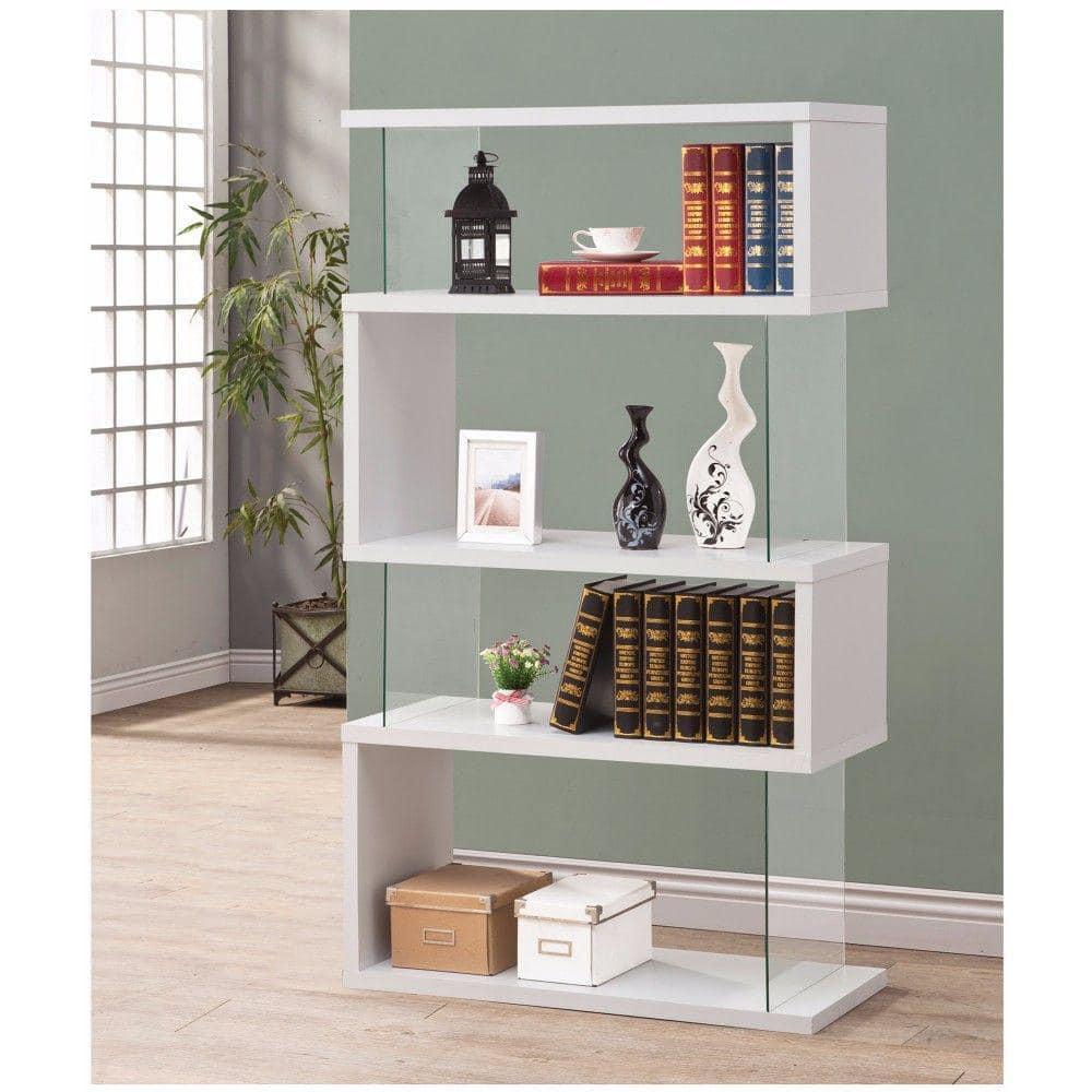 Benzara 3-Shelf Wood Bookcase with Tempered Glass Sides in Glossy White