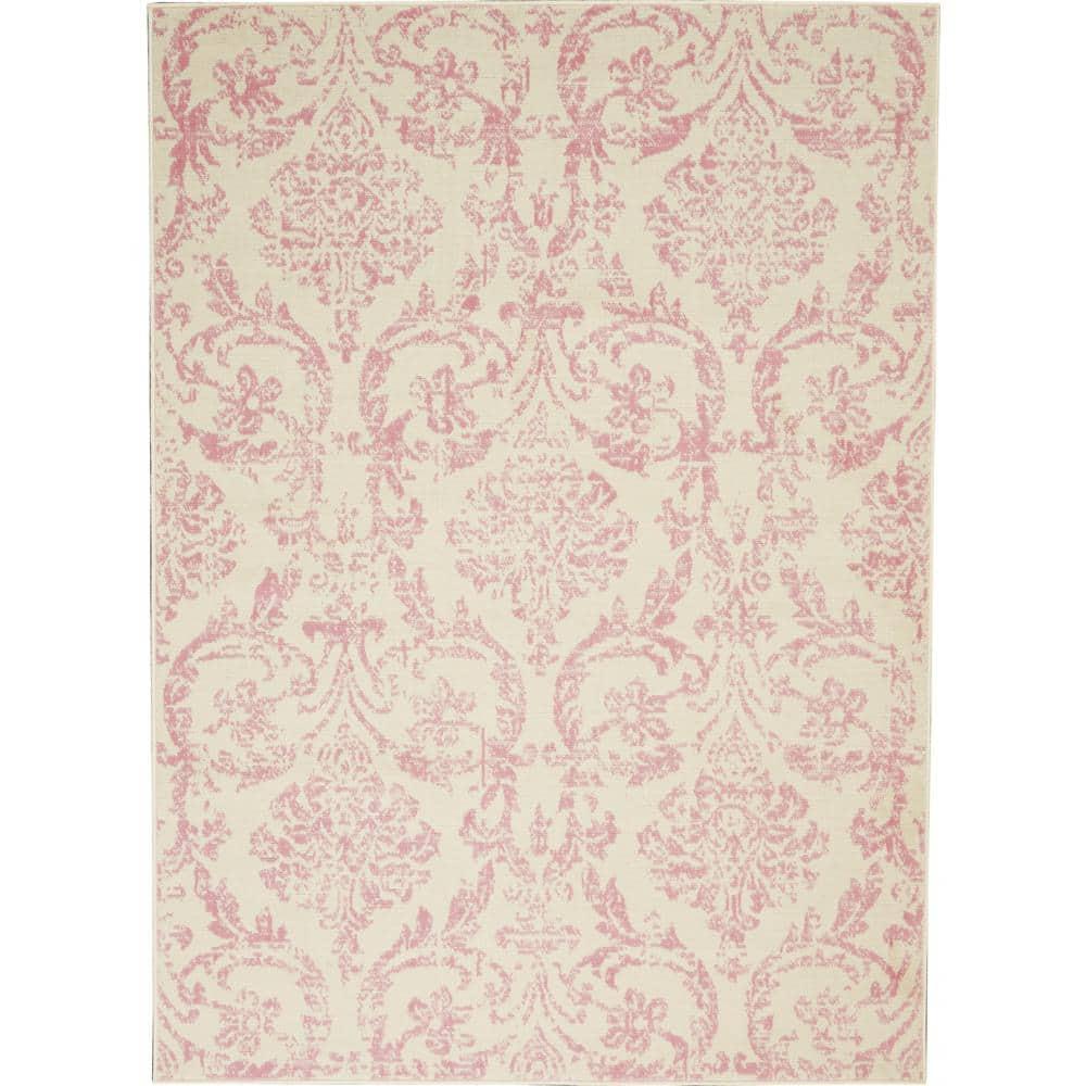 Nourison Jubilant 5'3" x 7'3" (5' x 7') Ivory/Pink Area Rug Farmhouse Vintage Damask by Nourison