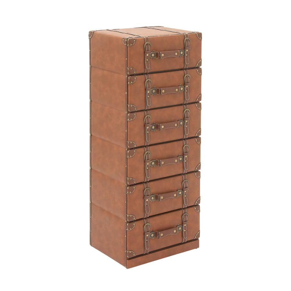 DecMode 16" x 42" Brown Wood Faux Leather 6 Drawers Chest with Buckle and Strap Detailing, 1-Piece