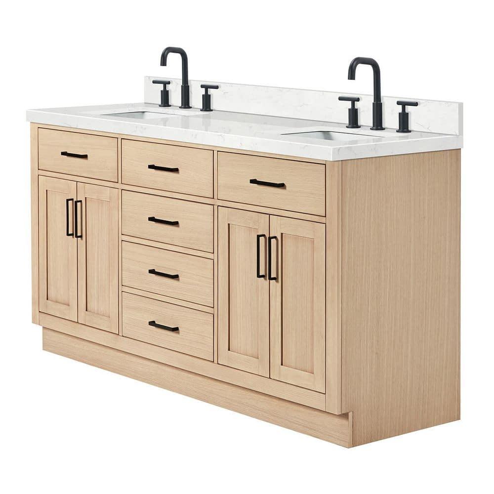 Tidworth 66'' Solid Wood Double Bathroom Vanity with 1.5'' Carrara Quartz Top, Rectangular Sinks