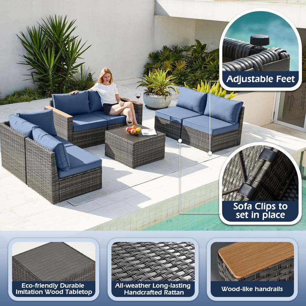 Decksplore 7 Piece Outdoor Furniture Set, 7 Pieces Outdoor Rattan Sectional Sofa Set with Glass Table and Cushions, Wicker Patio Conversation Set for Outdoor Indoor Backyard Lawn Garden Porch Blue