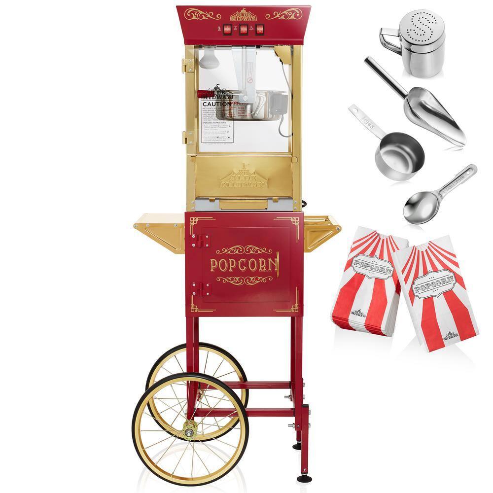Olde Midway Movie Theater-Style Popcorn Machine Popper with Cart and 10 oz Kettle, Red