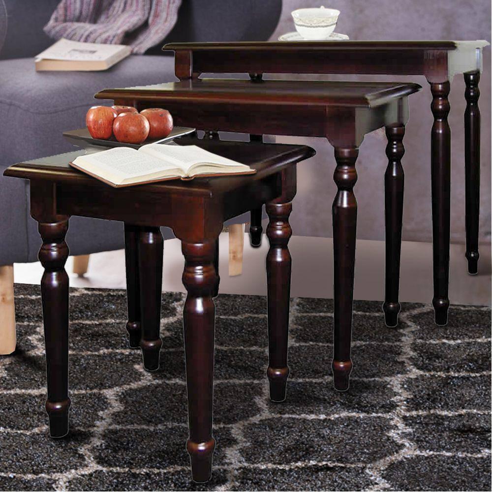 Cherry Brown Solid Wood 3-Piece Nesting Table Set with Turned Tapered Legs