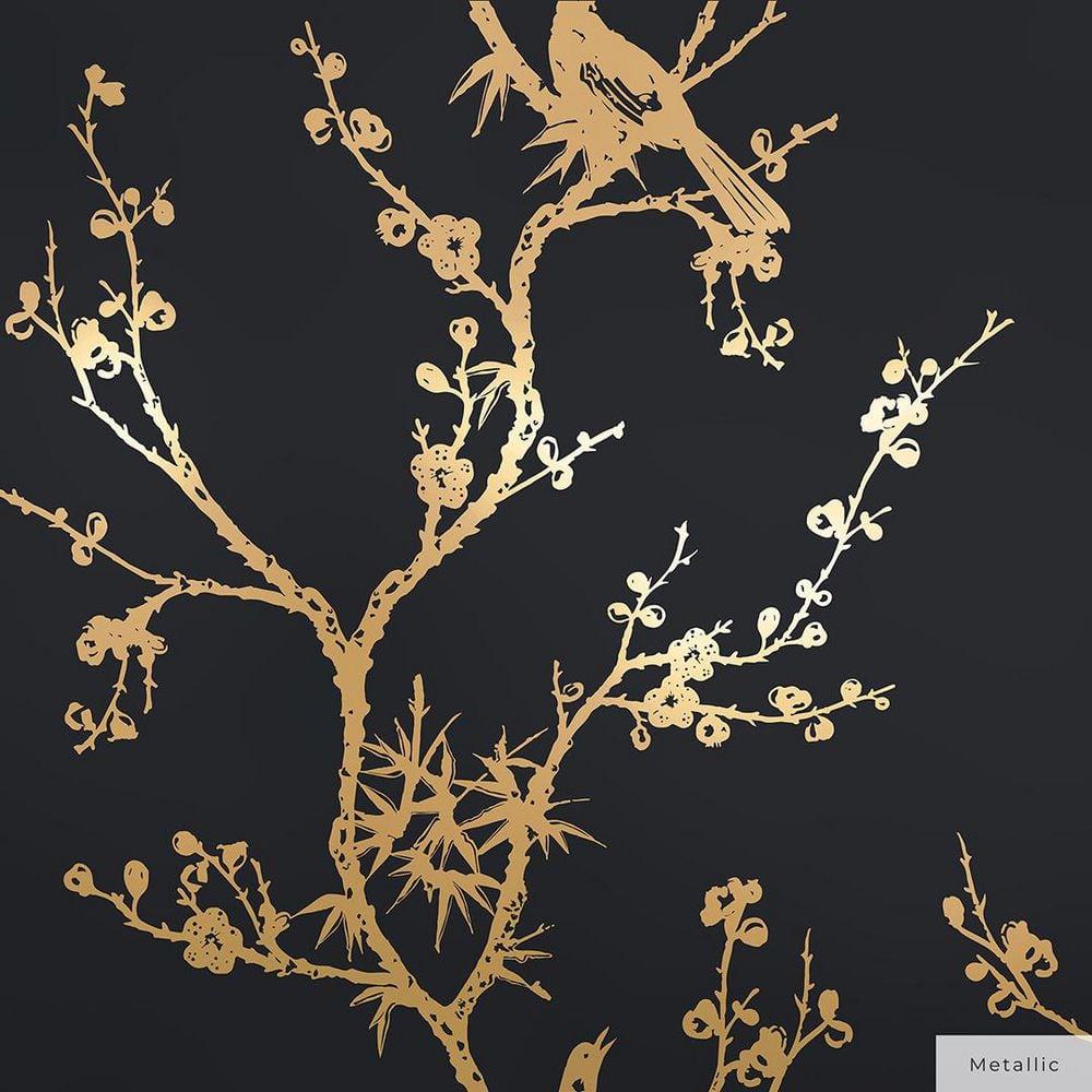 Tempaper & Co.® x Cynthia Rowley Bird Watching Removable Peel and Stick Wallpaper, Black and Gold, 56 sq ft: Vinyl, Self-Adhesive