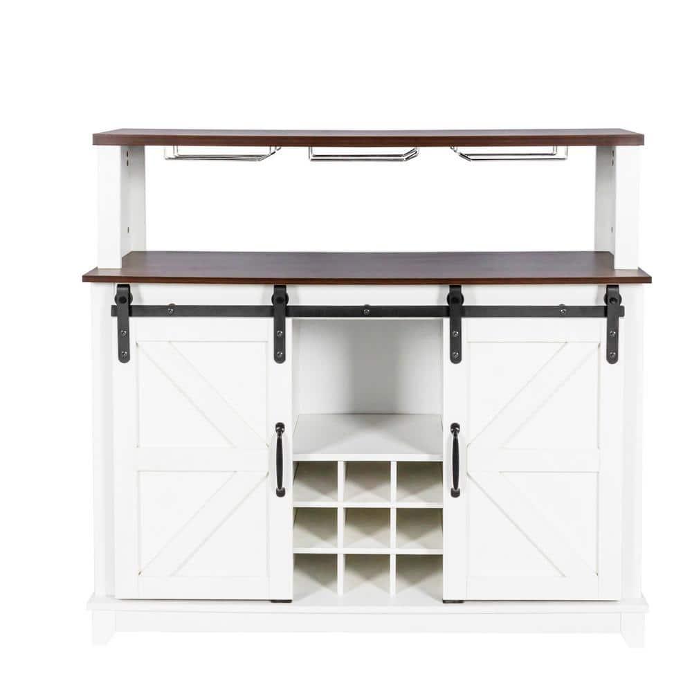 47.24 in. White and Dark Brown MDF Coffee Bar Wine Cabinet with Sliding Barn Door