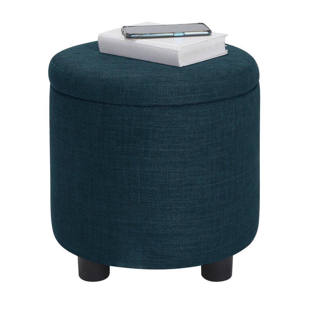 Designs4Comfort Round Accent Storage Ottoman with Reversible Tray Lid, Dark Blue Fabric