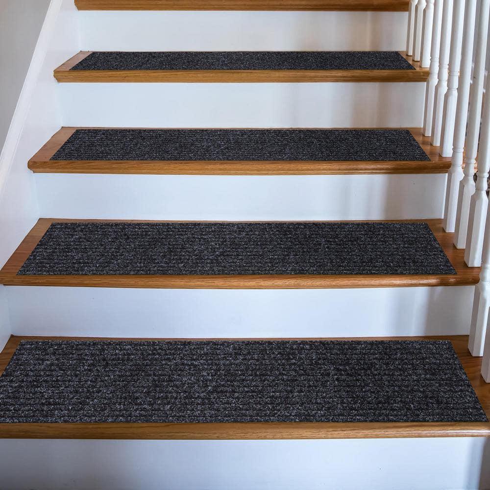 Ottomanson Non-Slip Rubberback Solid 8" x 30" Indoor/Outdoor Stair Treads for Stairs, Garage, Patio, 7 Pack, Black