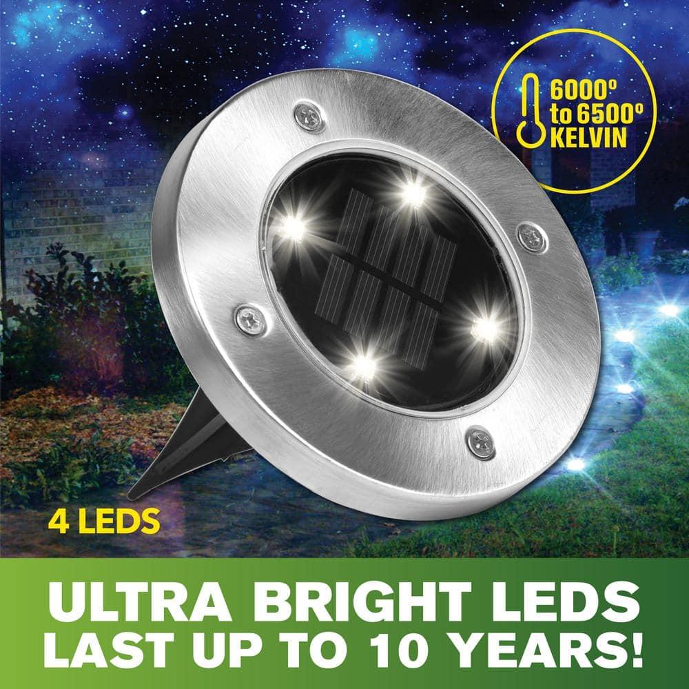 Bell + Howell Disk Lights Bronze – Heavy Duty Outdoor Solar Pathway Lights – 4 LED, Auto On/Off, Water Resistant, with Included Stakes, for Garden, Yard, Patio and Lawn, 4 Pack