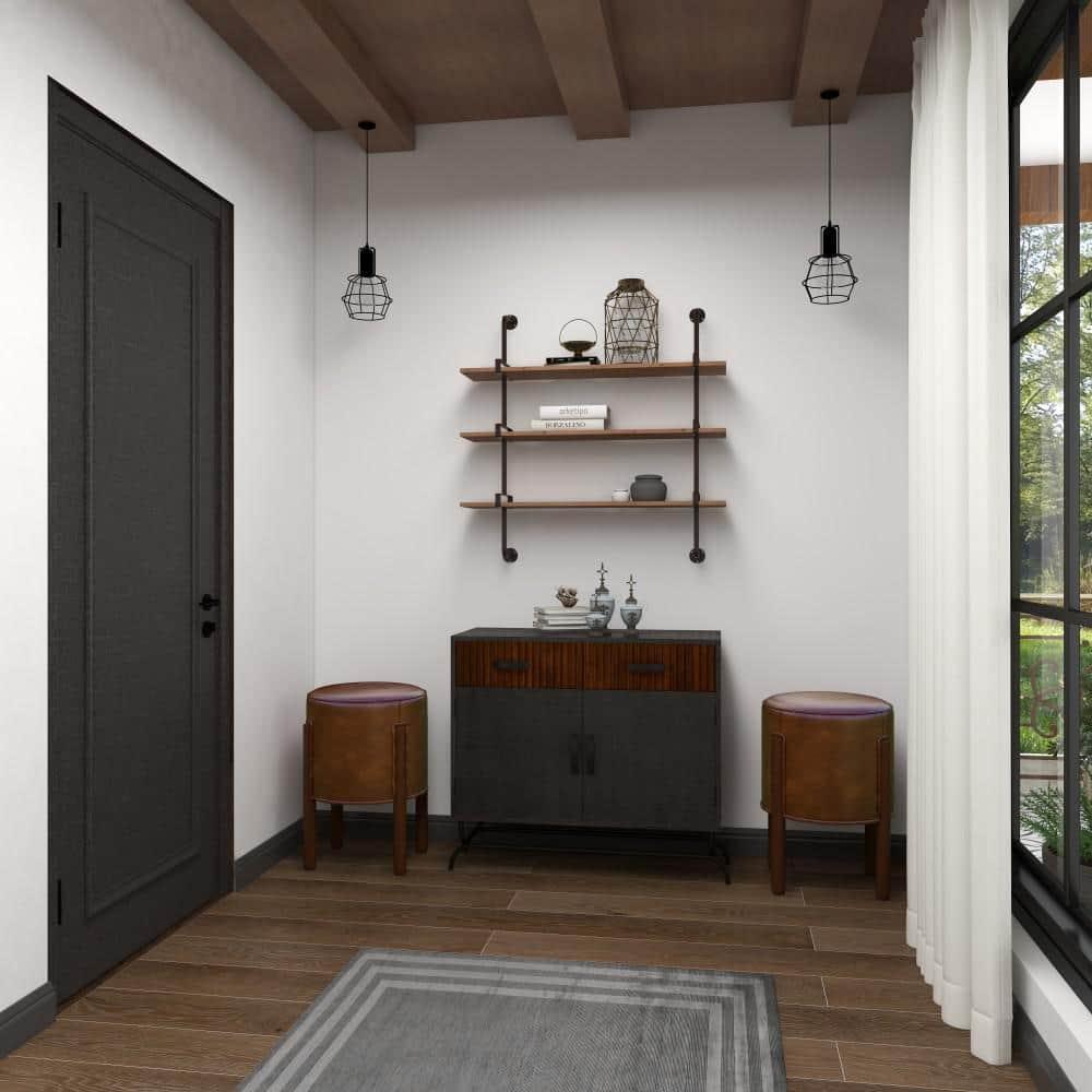 Wood 3 Level Wall Shelf with Black Metal Brackets