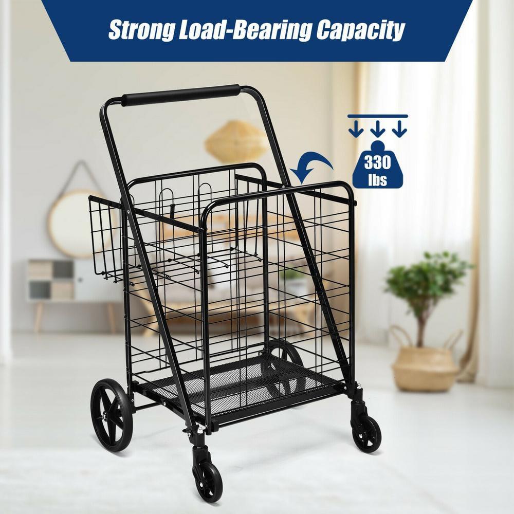 Costway Heavy Duty Folding Shopping Cart Utility Jumbo Double Basket 330lbs Black