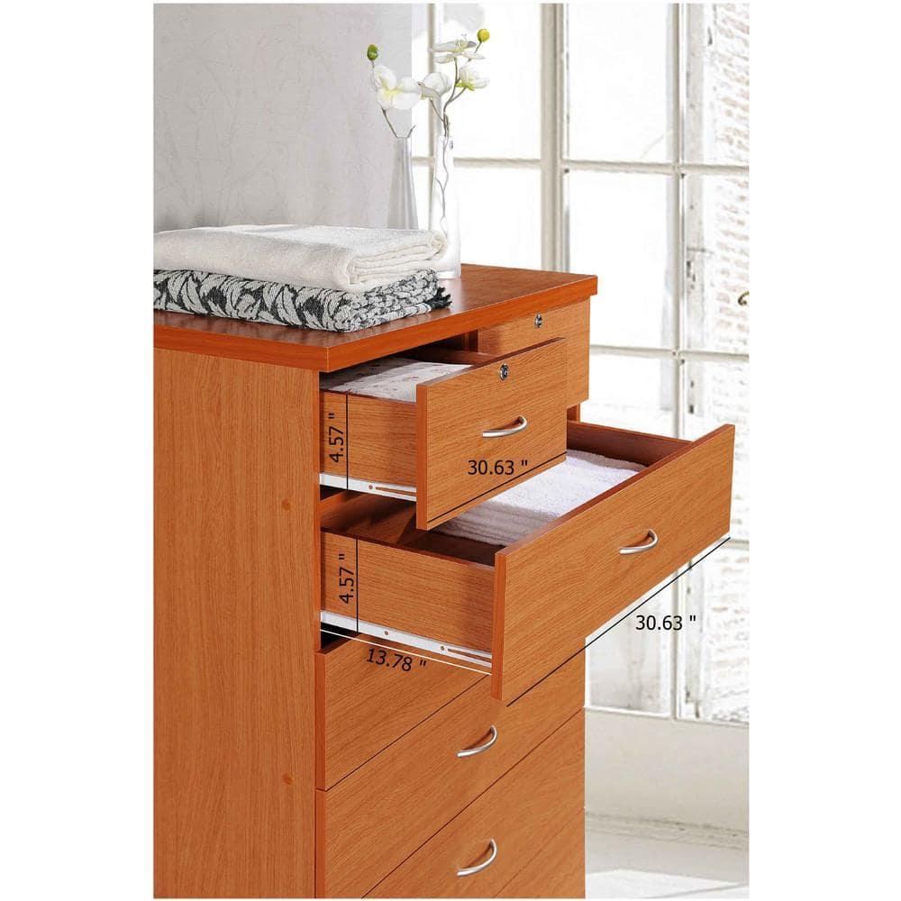 Hodedah 7 Drawer Wooden Jumbo Dresser Chest with 2 Top Locks, Cherry